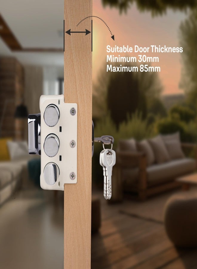 ييل قفل YALE Rim Lock، مزود بقفلين مزلاج وقفل واحد، ومقبض إبهام، وأربعة مفاتيح ذات غمازات (لون عاجي) | قفل باب رئيسي للمنزل/غرفة النوم/المكتب/الفندق (اللون: فضي) - Image 2